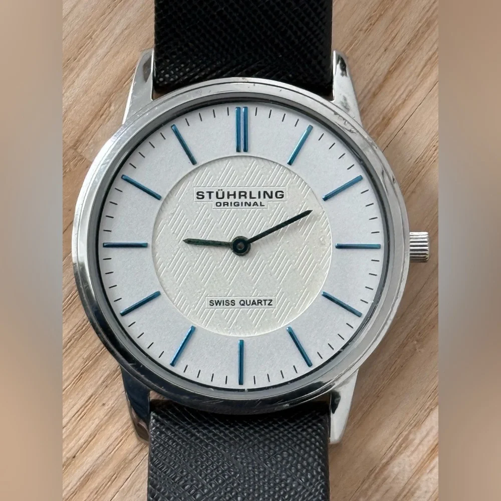 Stuhrling Newberry Classic Watch Black Leather Strap Silver Case Dial Blue Hands